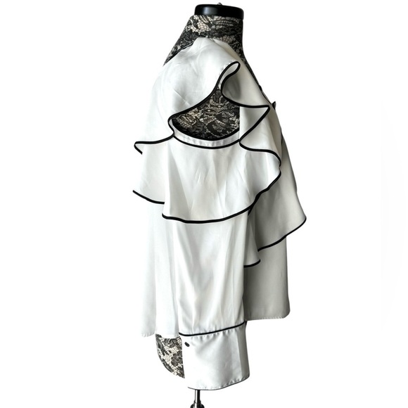 DKNY Ruffle Cut Out Off One Shoulder Top White Black Trim Medium - Picture 4 of 7